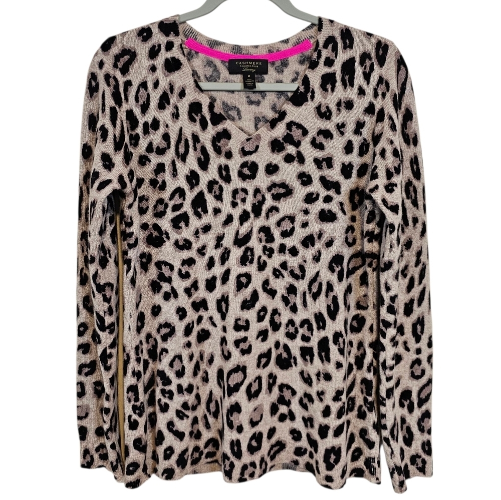 Charter Club Cashmere Luxury Animal Leppard Print Vneck Sweater